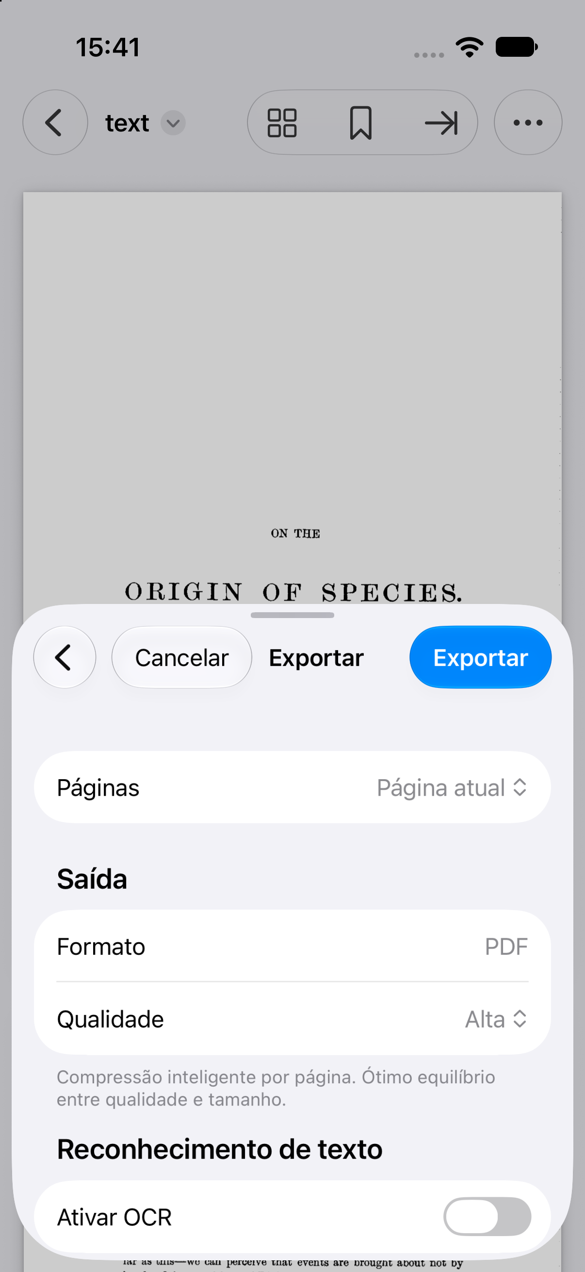 Exemplo mostrado: página atual, Alta, OCR desativado. Exporte, salve o PDF em Arquivos e abra-o para compartilhar.