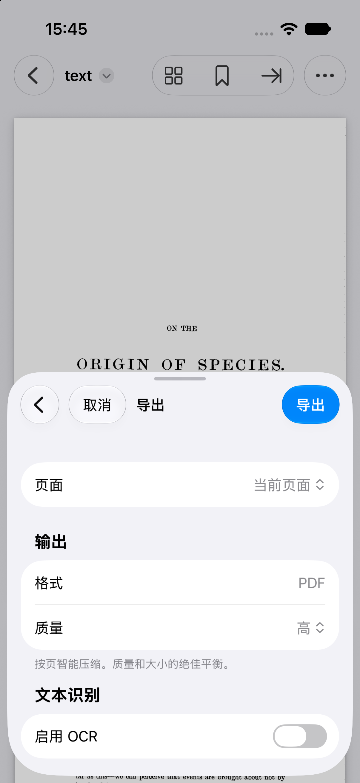 图中示例:当前页、高、OCR 关闭。导出后将 PDF 保存到“文件”,再打开并共享。
