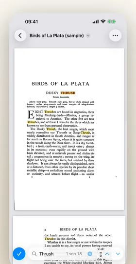 Niraqua DjVu auf dem iPhone: die Suche in einem gescannten Buch, mit hervorgehobenen Treffern.