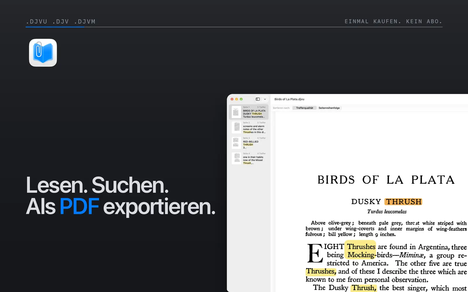 Niraqua DjVu auf dem Mac mit hervorgehobenen Suchtreffern in einem gescannten Buch und einer Ergebnis-Seitenleiste.