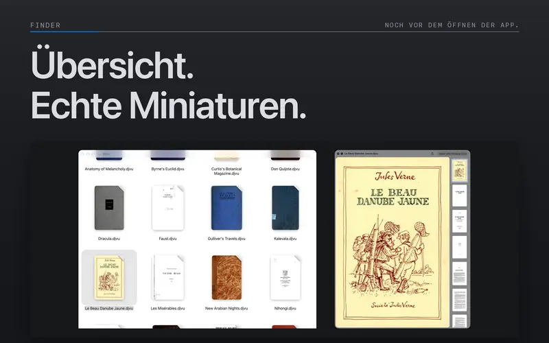 Vorschauen und Miniaturen von DjVu-Dateien im Finder.