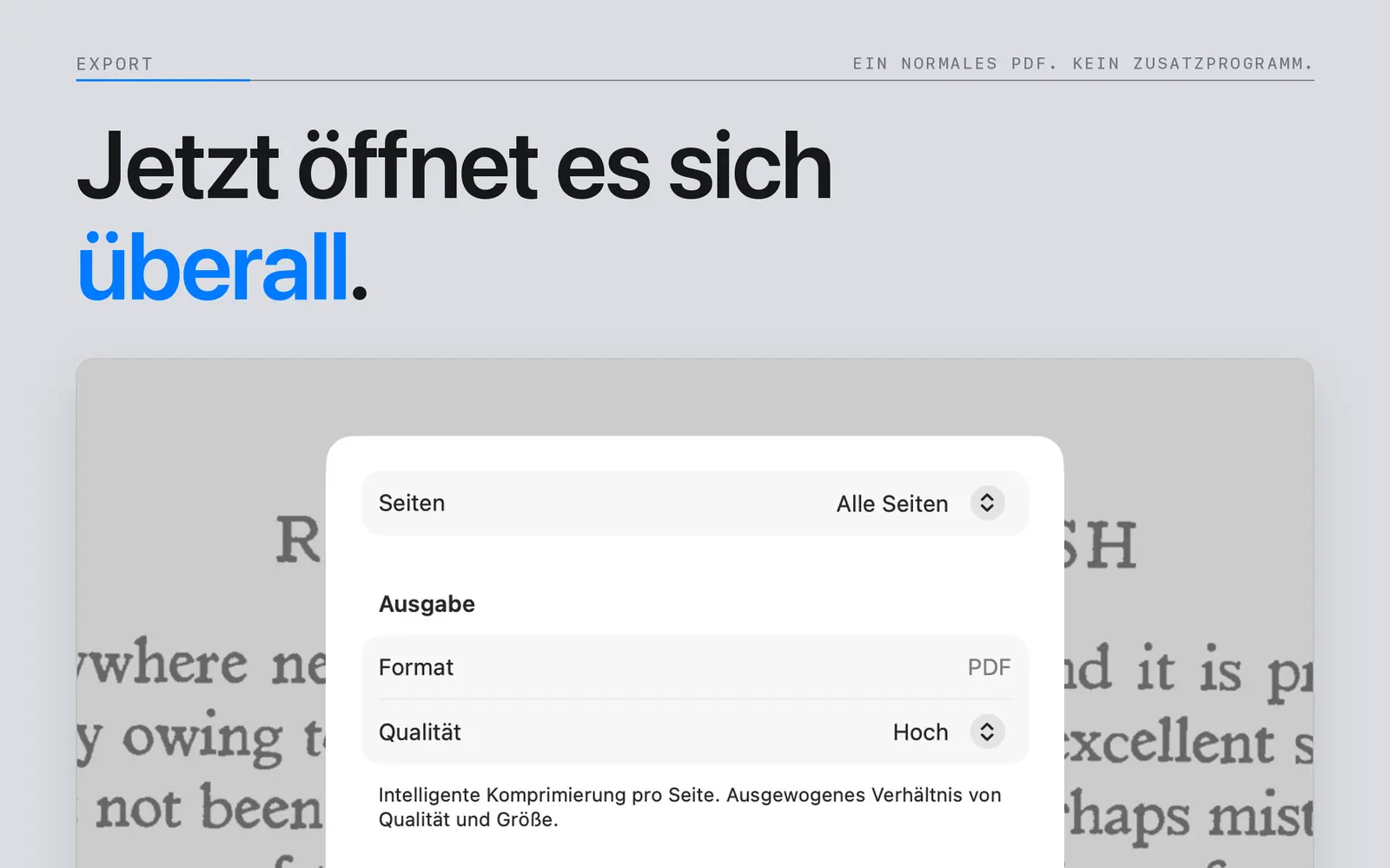 PDF-Exportdialog von Niraqua DjVu auf dem Mac mit Seitenauswahl und Einstellungen für die Bildqualität.