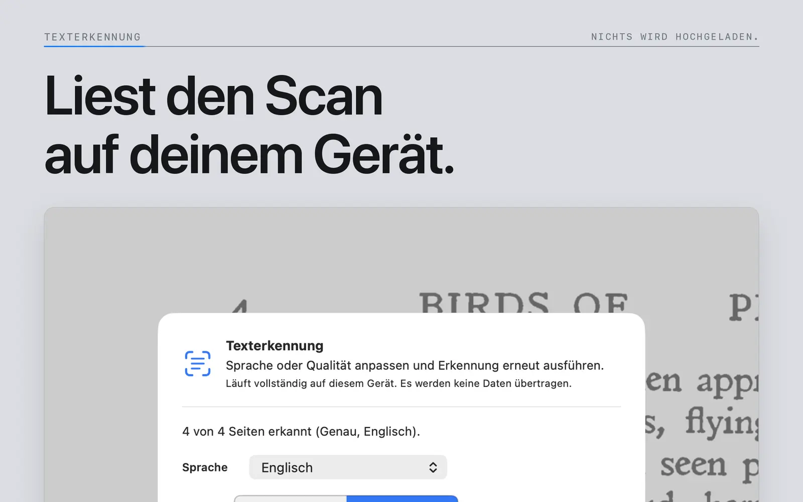 Sprach- und Qualitätseinstellungen für die Texterkennung auf dem Gerät in Niraqua DjVu auf dem Mac.
