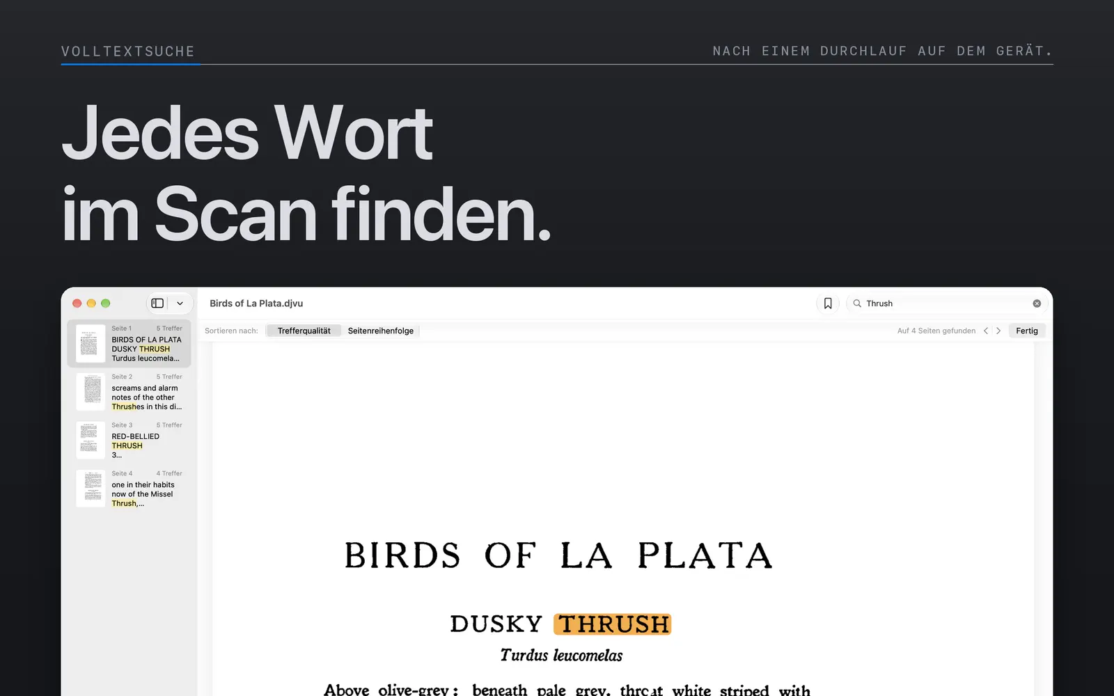 Hervorgehobene Suchbegriffe auf einer gescannten Seite in der Mac-Suchansicht von Niraqua DjVu.