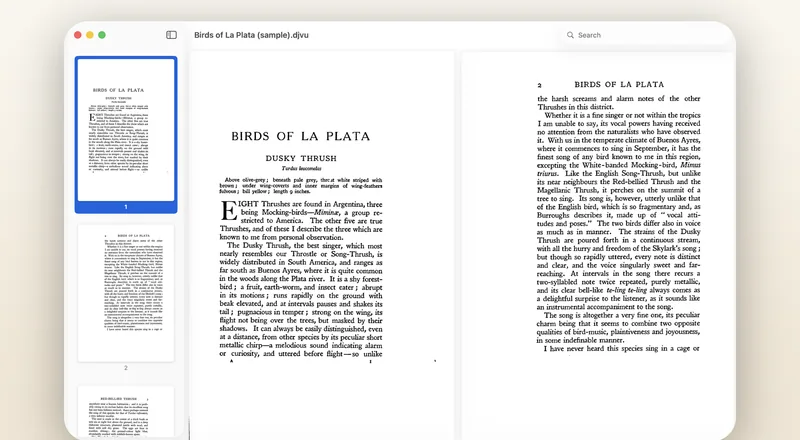 A scanned book open in the reader, page thumbnails alongside it.