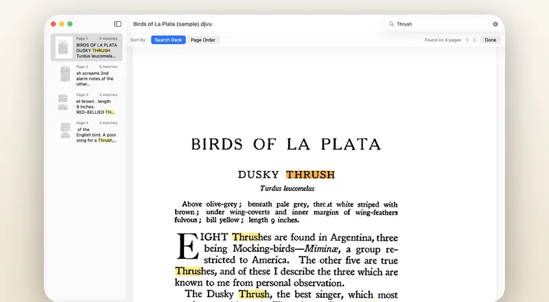 A search for one word, matched across the book, with a per-page count in the sidebar.