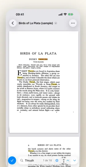 Niraqua DjVu en el iPhone, buscando en un libro escaneado con las coincidencias resaltadas.