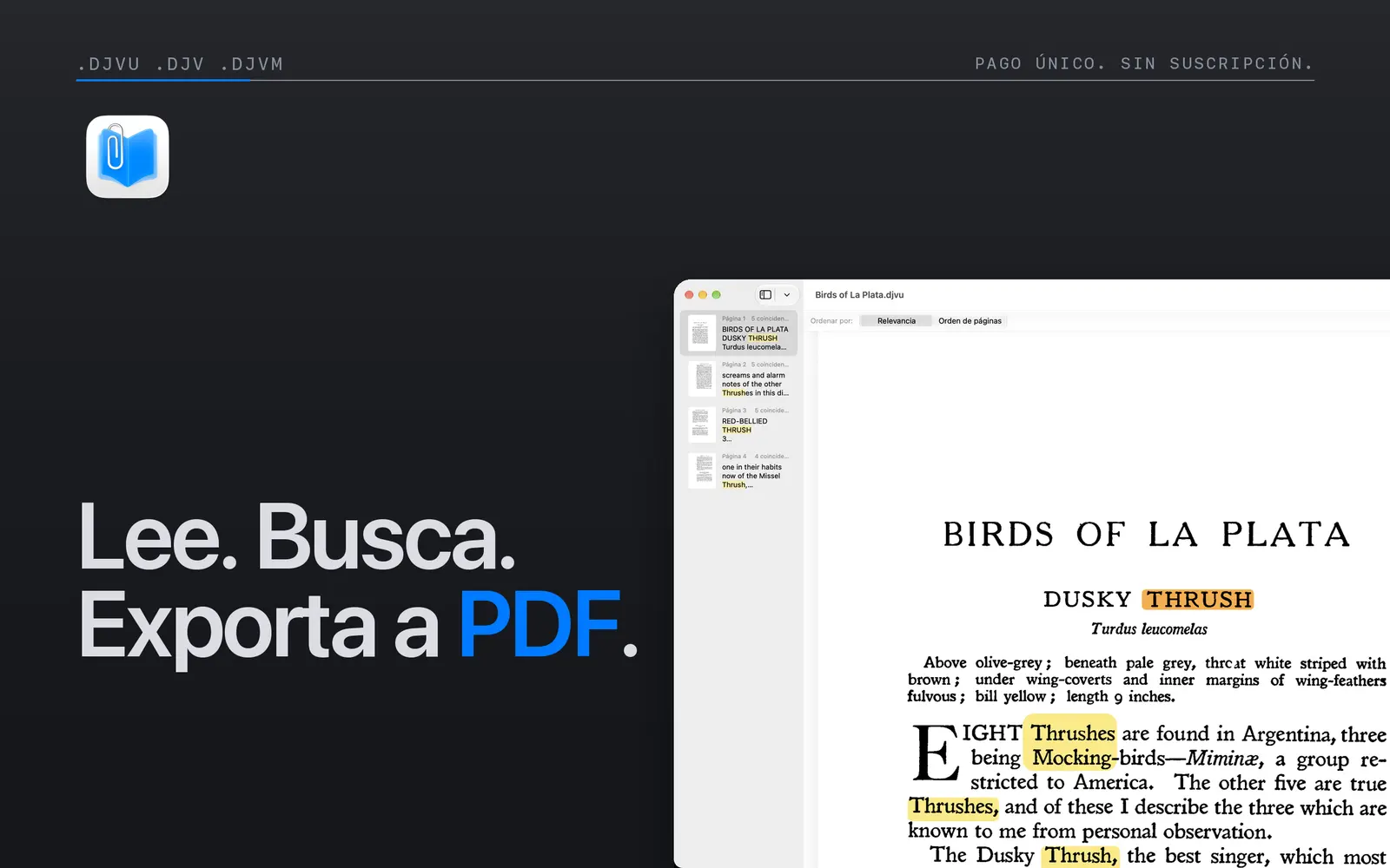 Niraqua DjVu en Mac, con coincidencias de búsqueda resaltadas en un libro escaneado y una barra lateral de resultados.