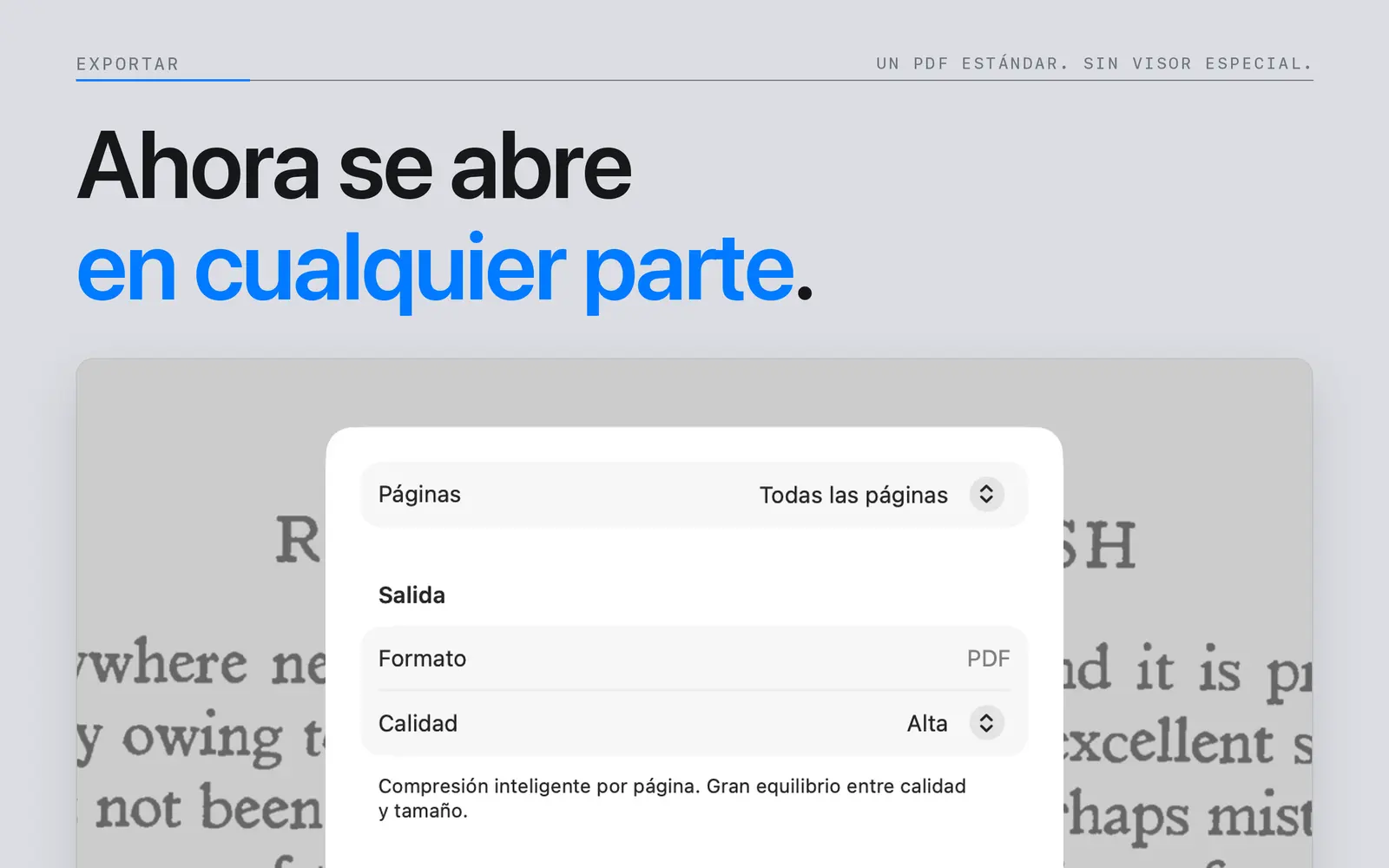Panel de exportación a PDF de Niraqua DjVu para Mac con selección de páginas y ajustes de calidad de imagen.