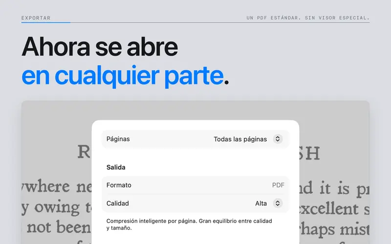 Opciones de exportación a PDF de un documento DjVu.