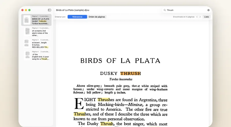La búsqueda de una palabra, con coincidencias en todo el libro y el recuento por página en la barra lateral.