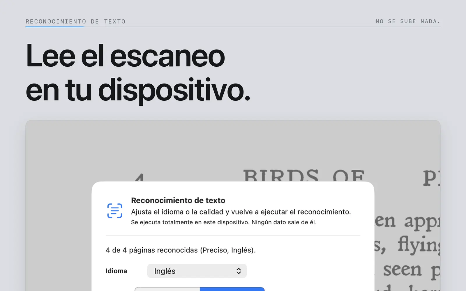 Ajustes de idioma y calidad del reconocimiento de texto en el dispositivo en Niraqua DjVu para Mac.