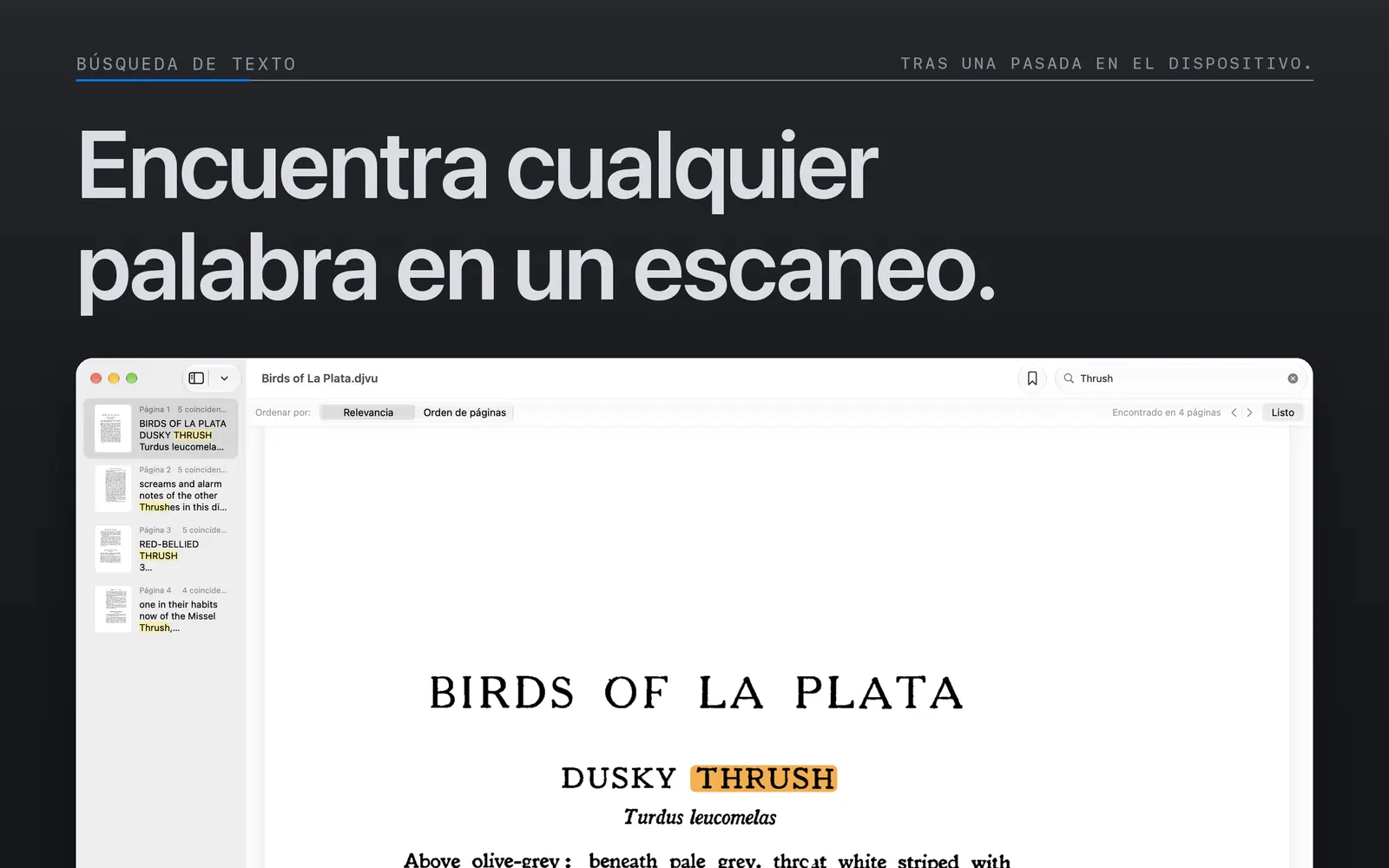 Palabras coincidentes resaltadas en una página escaneada en la vista de búsqueda de Niraqua DjVu para Mac.