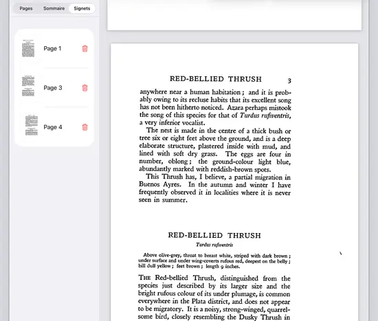 Niraqua DjVu sur iPad, un livre numérisé ouvert à côté de ses miniatures de pages.