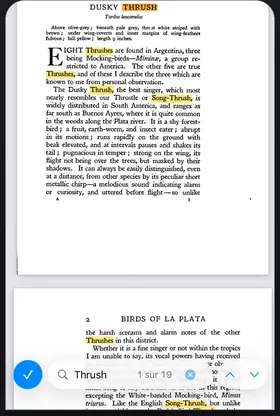 Niraqua DjVu sur iPhone, recherche dans un livre numérisé, occurrences surlignées.