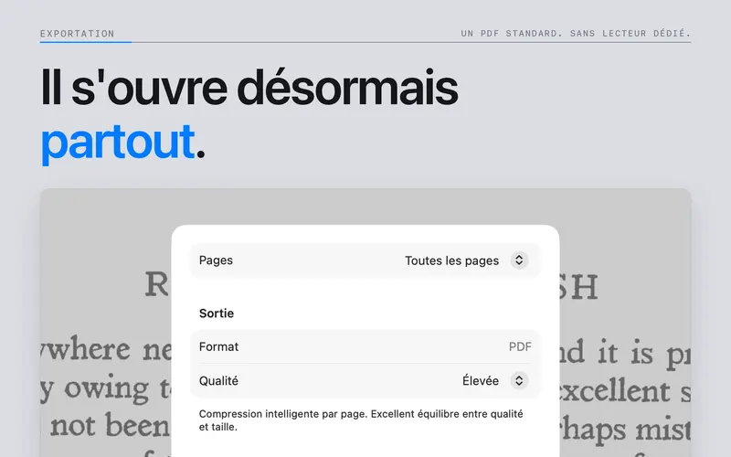 Options d'exportation en PDF d'un document DjVu.