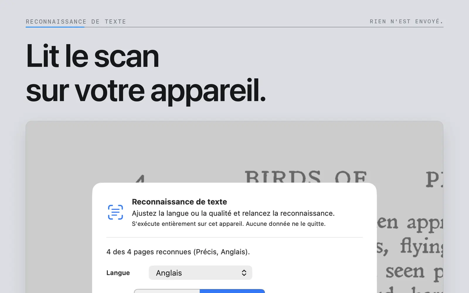 Réglages de langue et de qualité pour la reconnaissance de texte sur l’appareil dans Niraqua DjVu sur Mac.