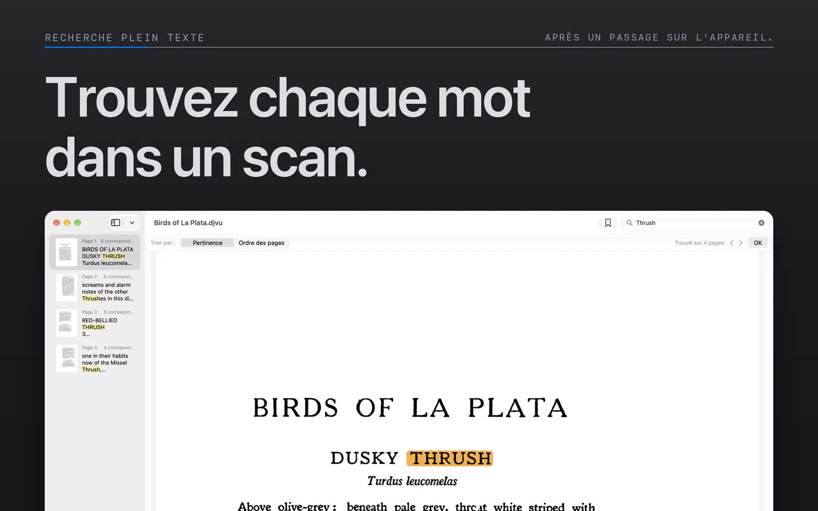 Mots correspondants surlignés sur une page numérisée dans la vue de recherche Mac de Niraqua DjVu.