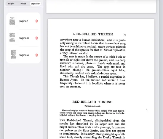 Niraqua DjVu su iPad, con un libro scansionato aperto accanto alle miniature delle pagine.