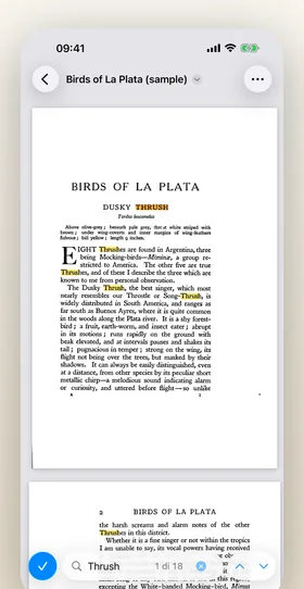 Niraqua DjVu su iPhone, con una ricerca in un libro scansionato e le corrispondenze evidenziate.