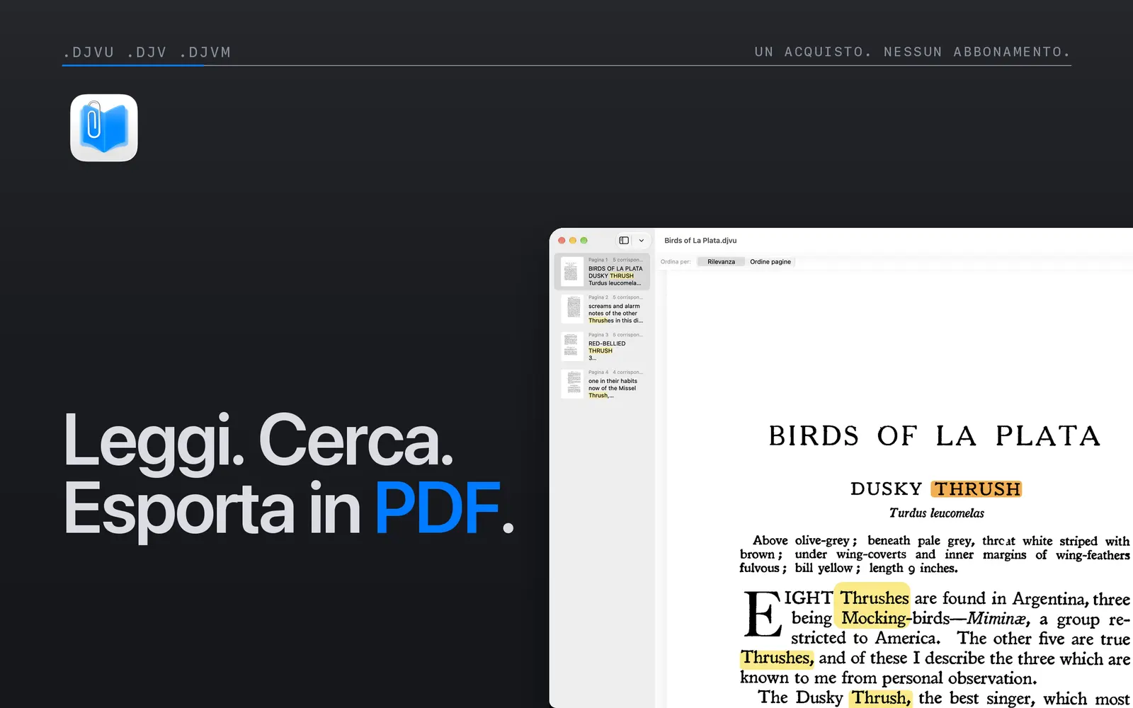 Niraqua DjVu su Mac, con corrispondenze di ricerca evidenziate in un libro scansionato e una barra laterale dei risultati.