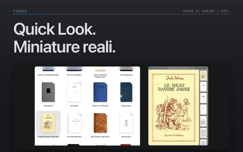 Anteprime e miniature di file DjVu nel Finder.