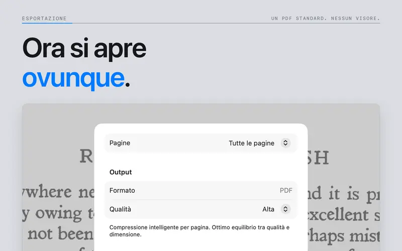Opzioni di esportazione in PDF per un documento DjVu.