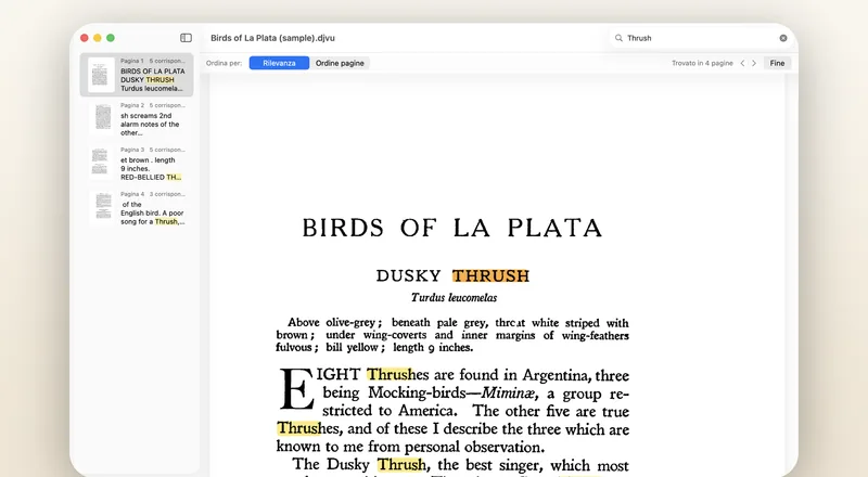 La ricerca di una sola parola, con le corrispondenze in tutto il libro e il conteggio per pagina nella barra laterale.