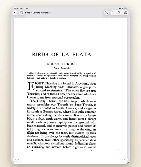 iPad の Niraqua DjVu。ページサムネールの横に、スキャンした本を開いた画面。