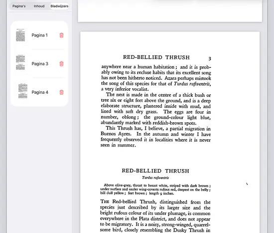 Niraqua DjVu op de iPad, een gescand boek geopend naast de paginaminiaturen.