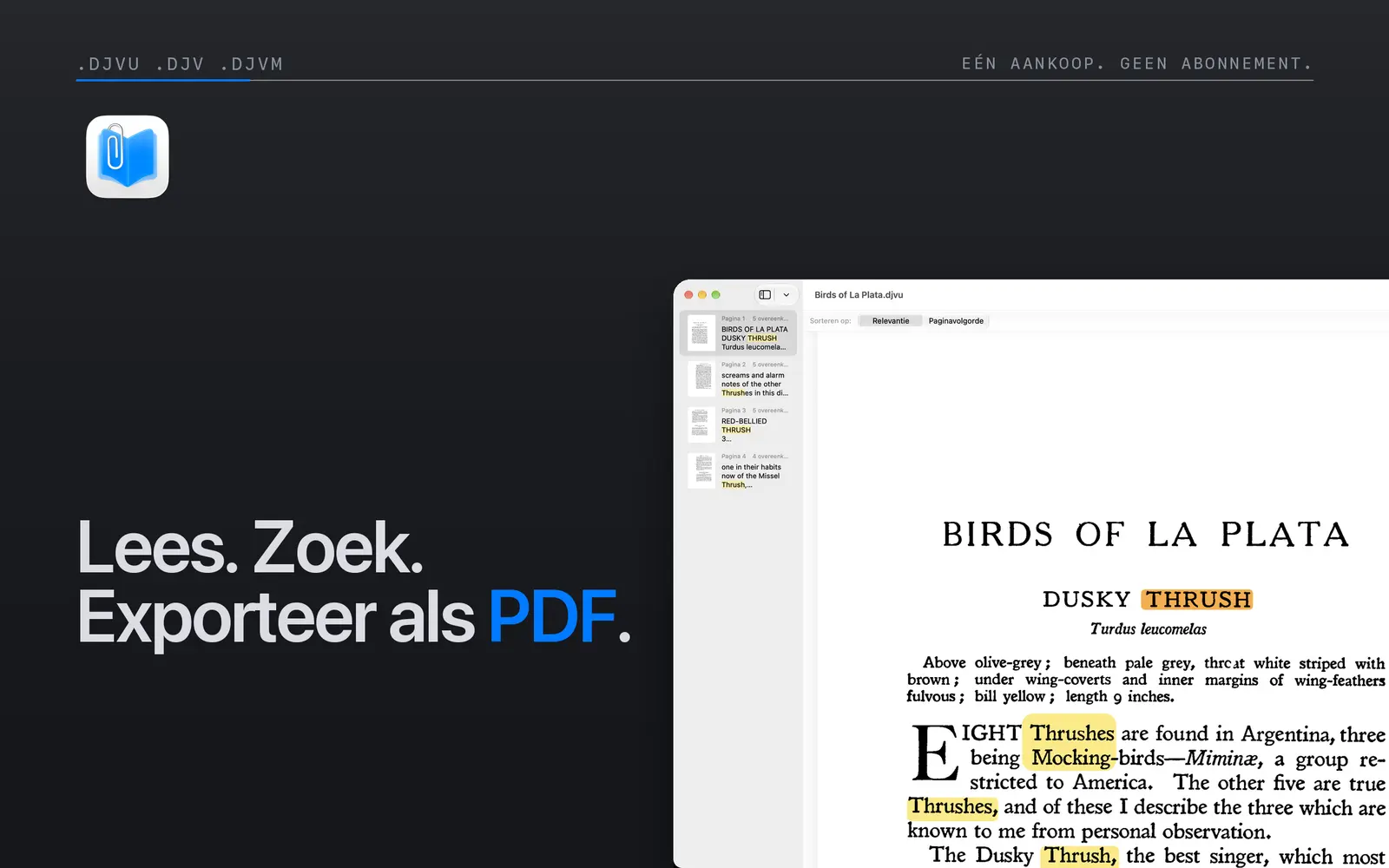 Niraqua DjVu op Mac, met gemarkeerde zoekresultaten in een gescand boek en een navigatiekolom met resultaten.