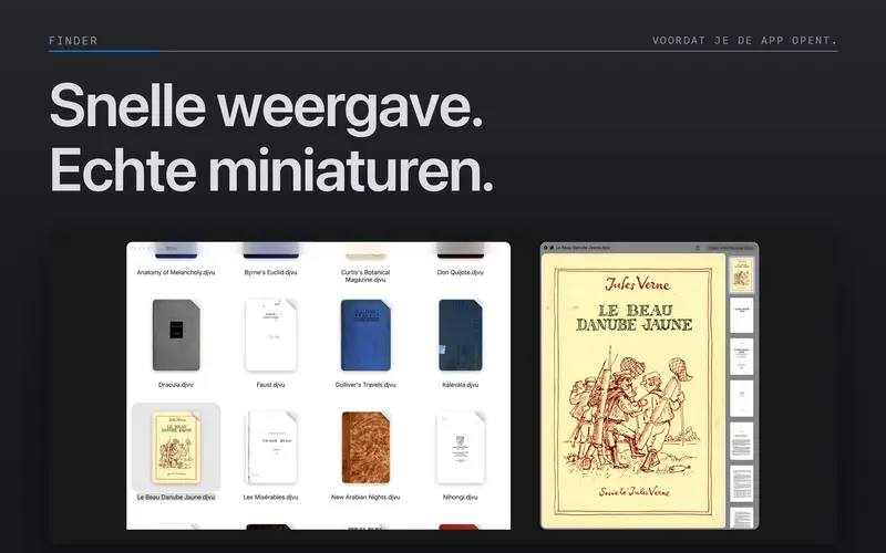 Voorvertoningen en miniaturen van DjVu-bestanden in Finder.