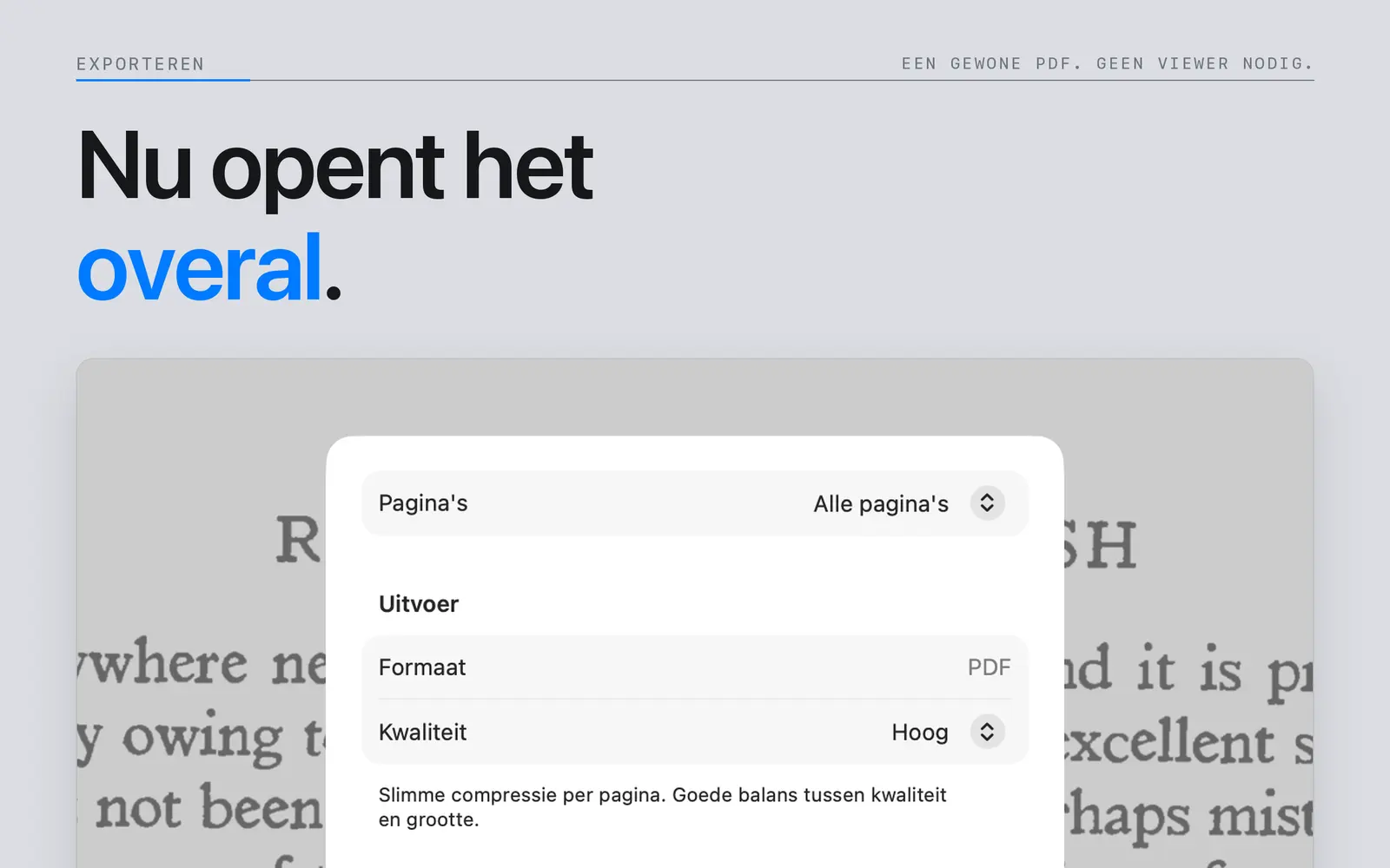 Het PDF-exportvenster van Niraqua DjVu op Mac met paginaselectie en instellingen voor de beeldkwaliteit.