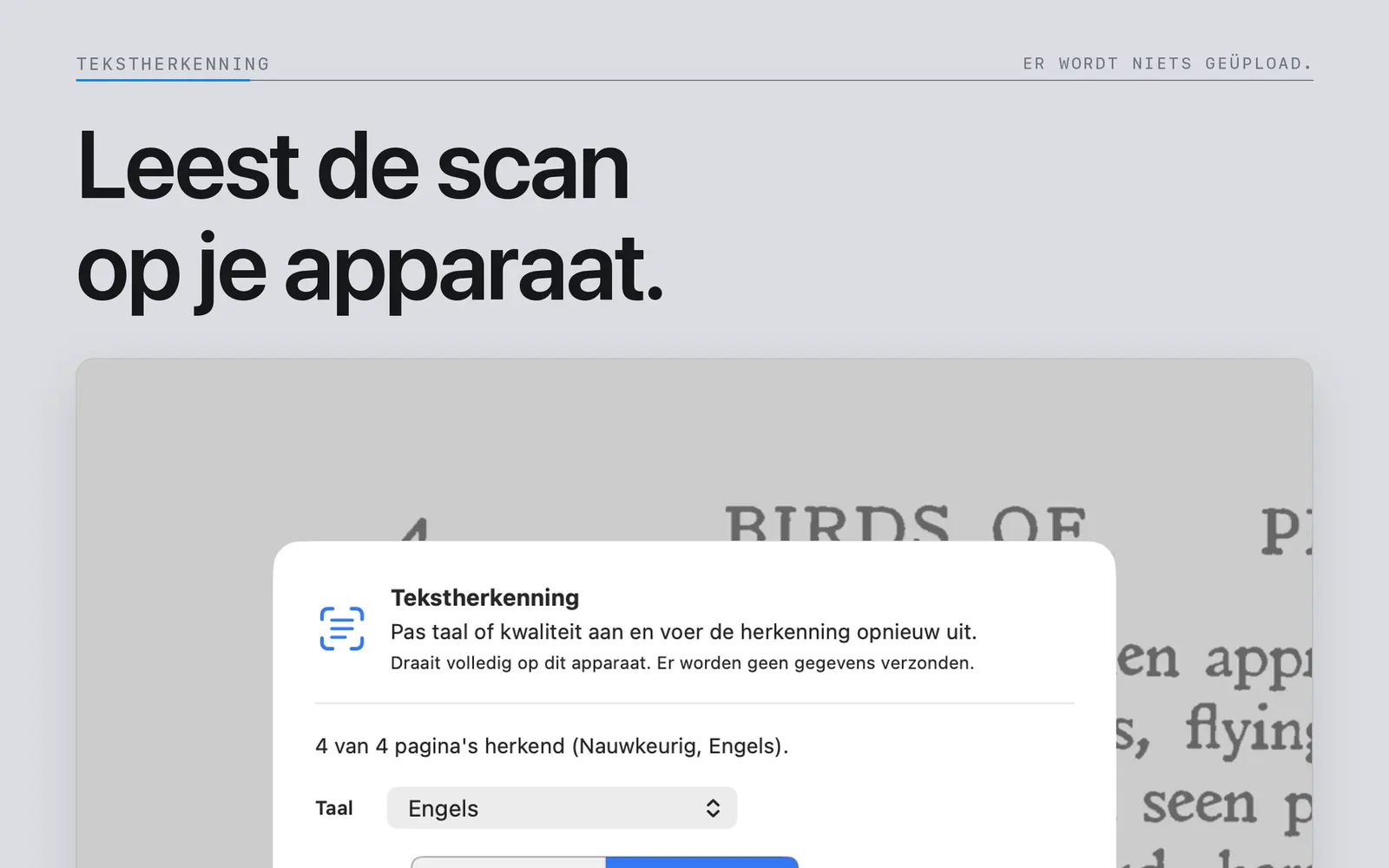 Taal- en kwaliteitsinstellingen voor tekstherkenning op het apparaat in Niraqua DjVu op Mac.