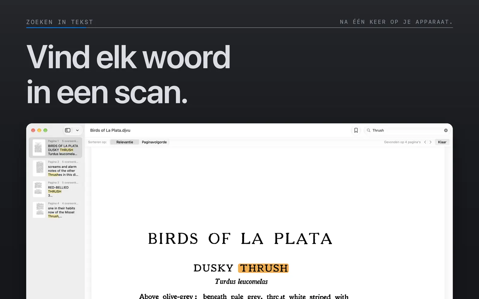 Overeenkomende woorden gemarkeerd op een gescande pagina in de Mac-zoekweergave van Niraqua DjVu.