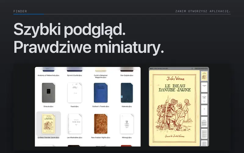 Podglądy i miniatury plików DjVu w Finderze.
