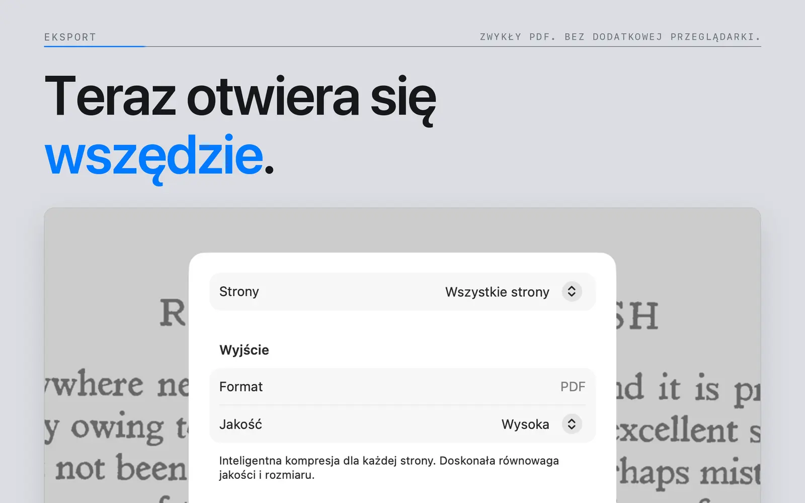 Panel eksportu do PDF w Niraqua DjVu na Macu z wyborem stron i ustawieniami jakości obrazu.