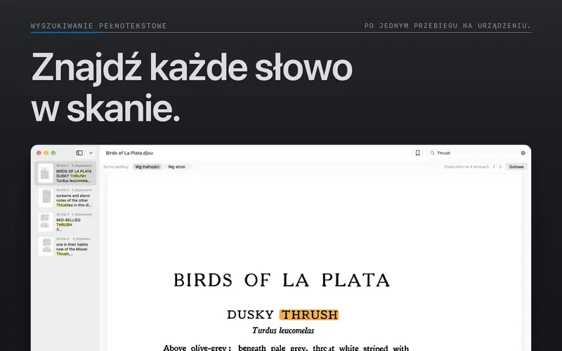 Wyszukiwanie w dokumencie z podświetlonymi wynikami na stronie.