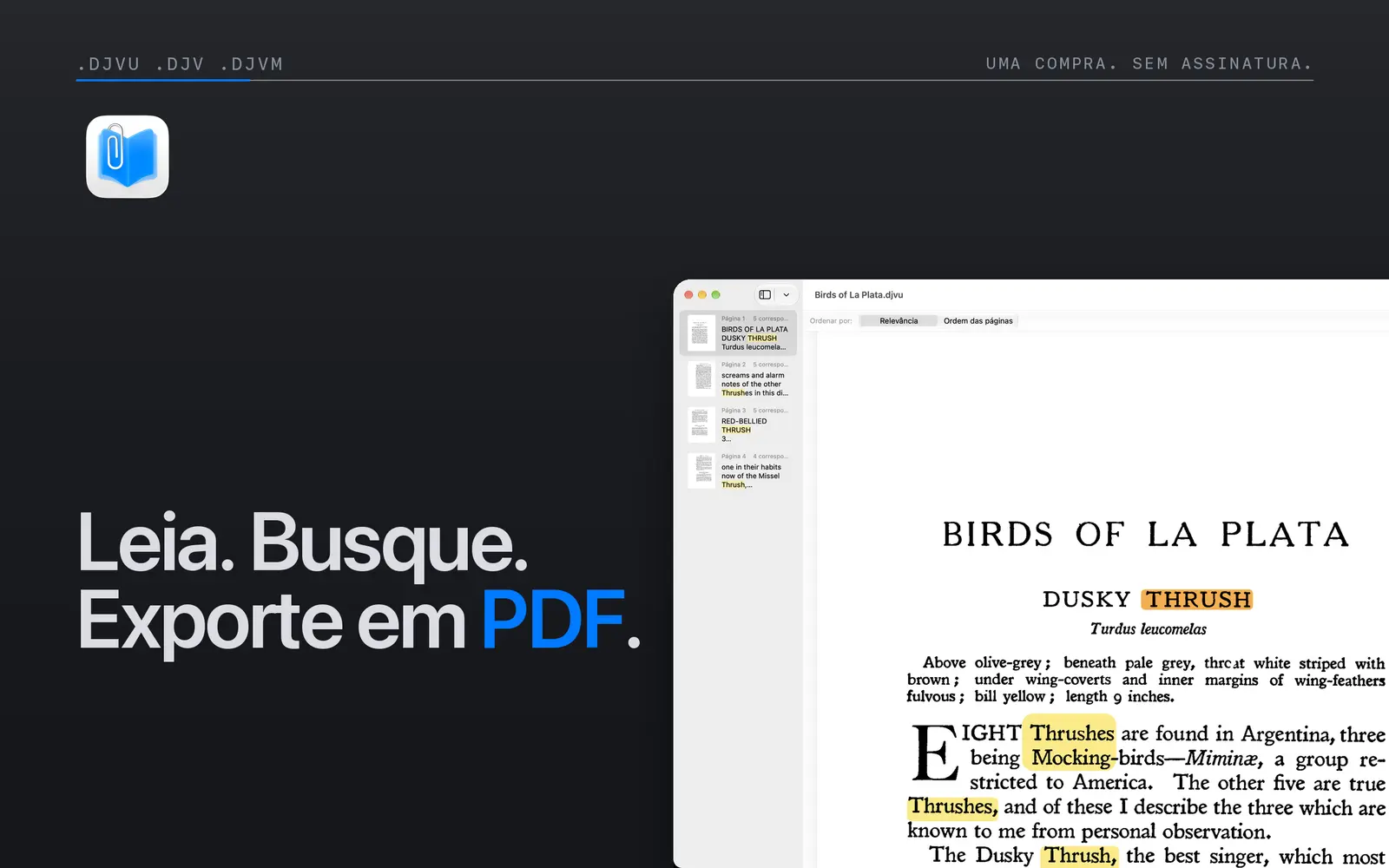 Niraqua DjVu no Mac, com correspondências de busca destacadas em um livro digitalizado e uma barra lateral de resultados.