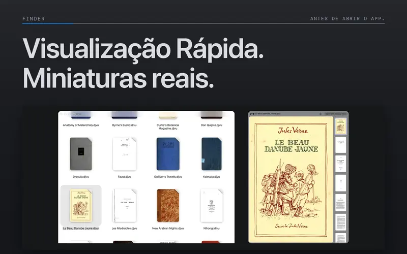 Pré-visualizações e miniaturas de arquivos DjVu no Finder.