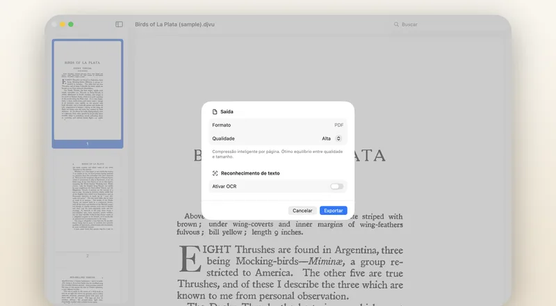 A folha de exportação para PDF: predefinição de qualidade e camada de texto pesquisável opcional.