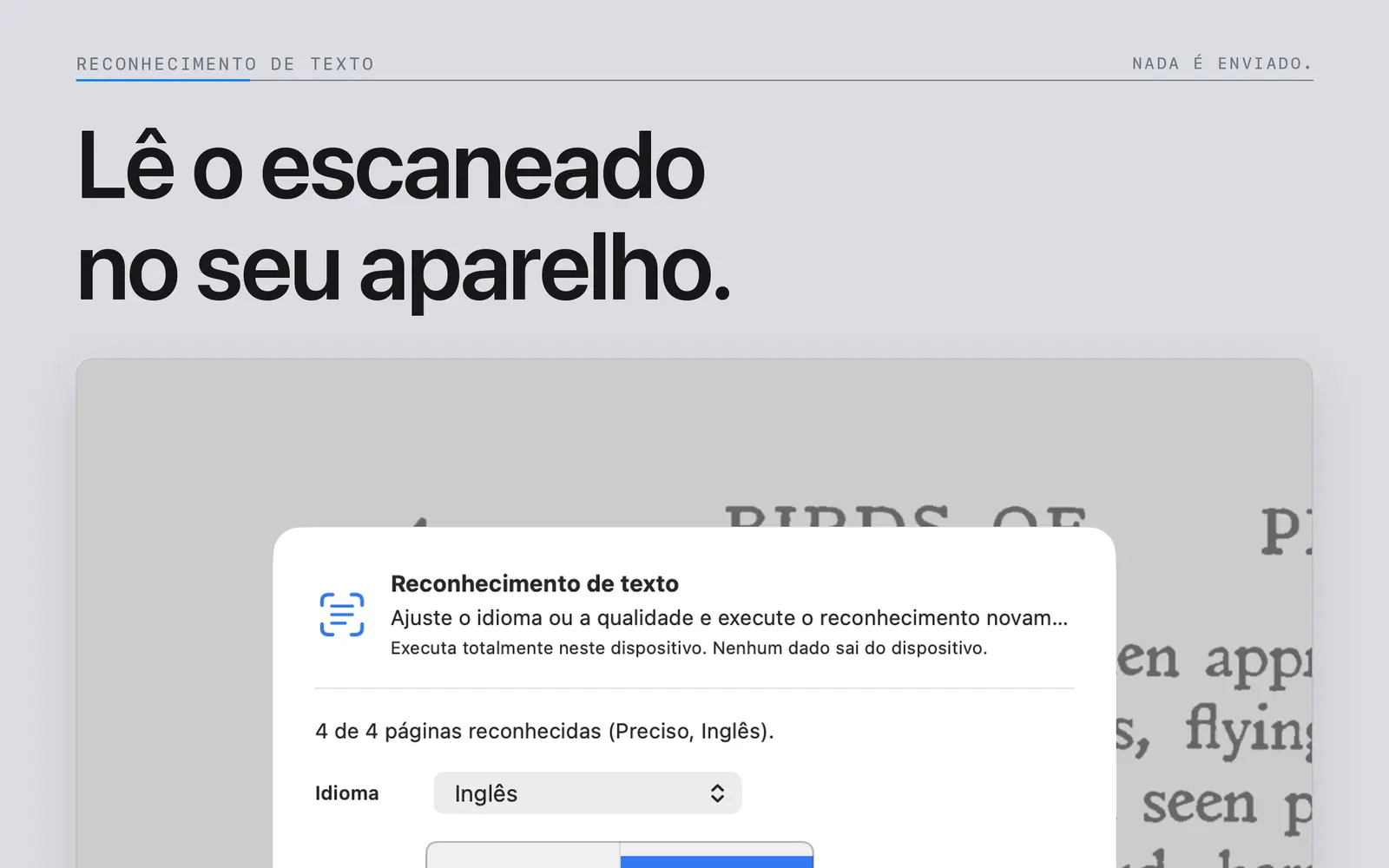 Ajustes de idioma e qualidade do reconhecimento de texto no dispositivo no Niraqua DjVu para Mac.