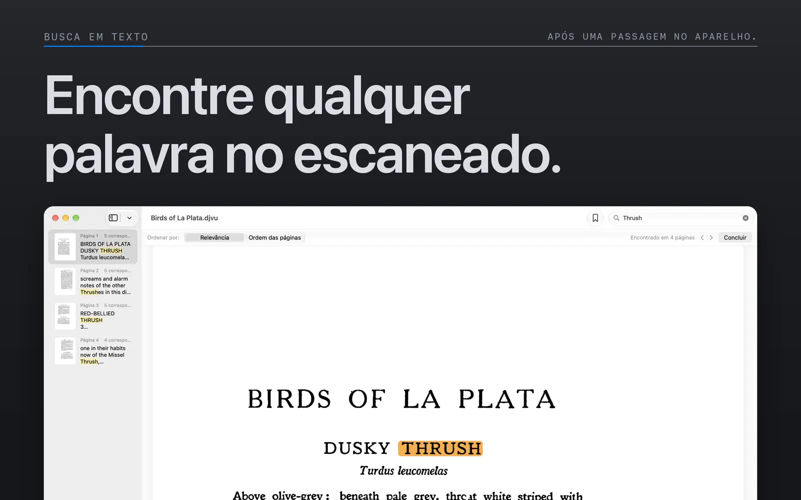 Palavras correspondentes destacadas em uma página digitalizada na visualização de busca do Niraqua DjVu para Mac.