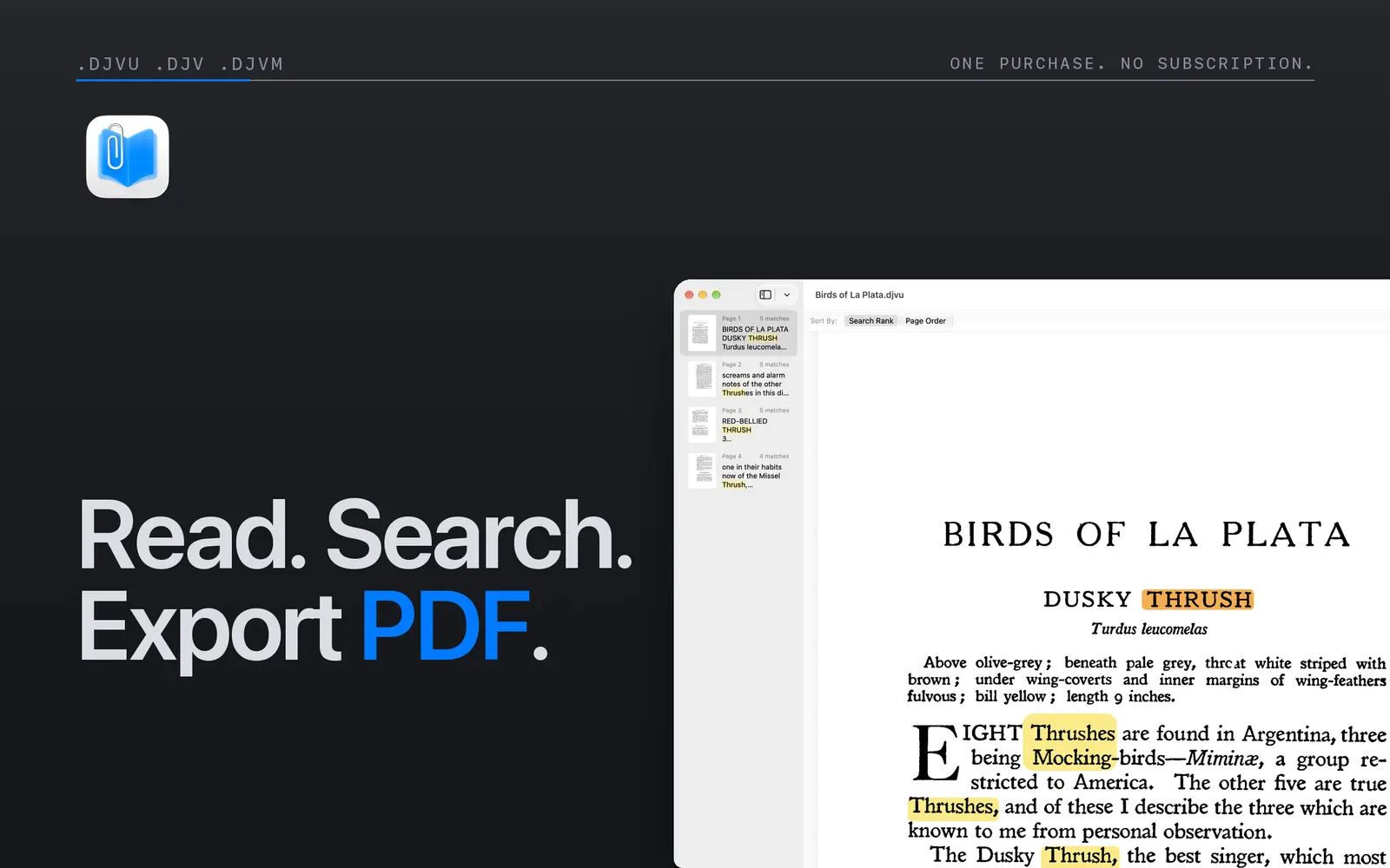Niraqua DjVu on Mac, with highlighted search matches in a scanned book and a results sidebar.