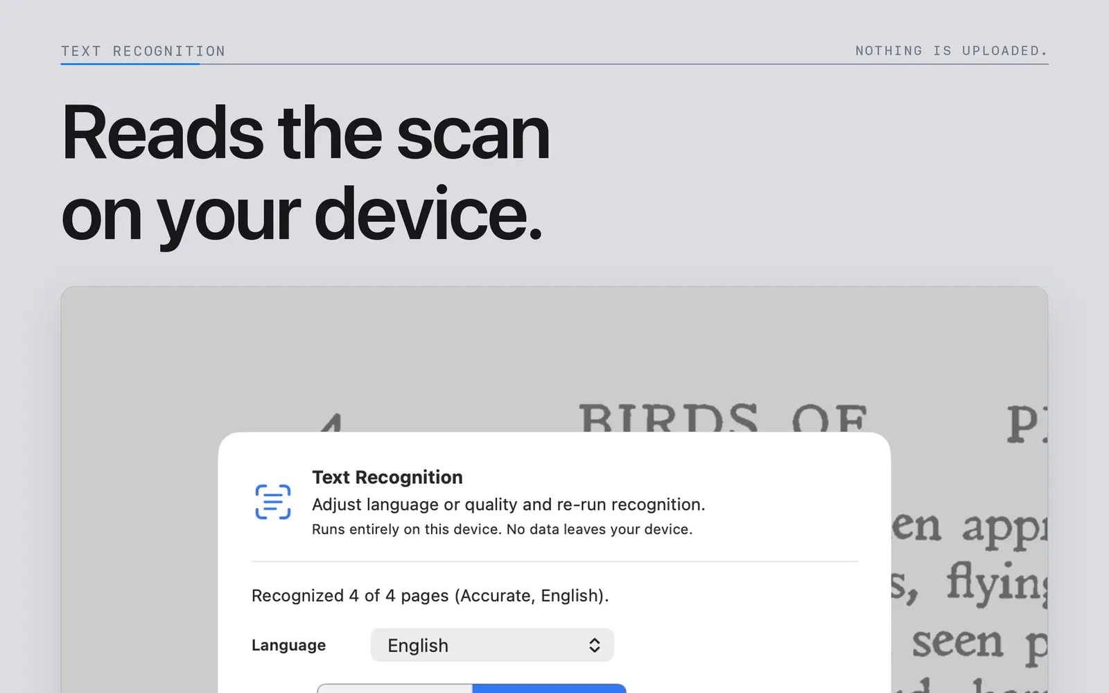 Language and quality settings for on-device text recognition in Niraqua DjVu on Mac.