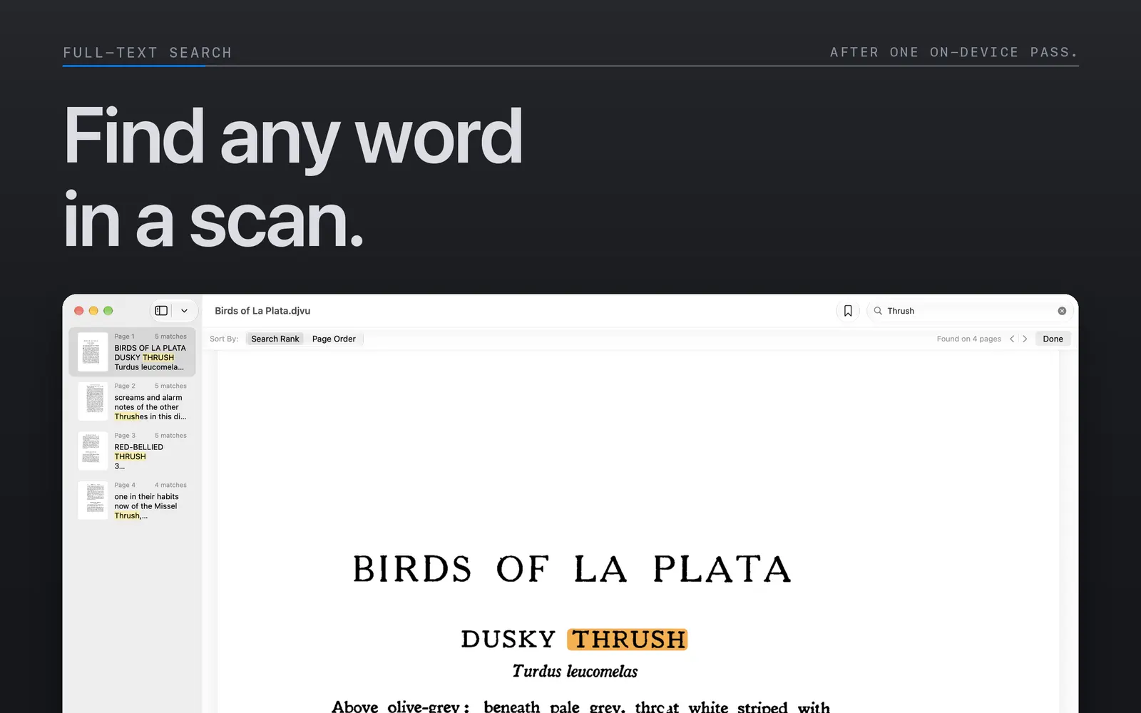 Matching words highlighted on a scanned page in Niraqua DjVu’s Mac search view.