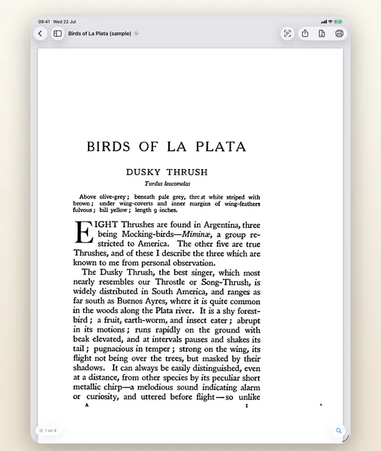 Niraqua DjVu на iPad: отсканированная книга рядом с миниатюрами страниц.