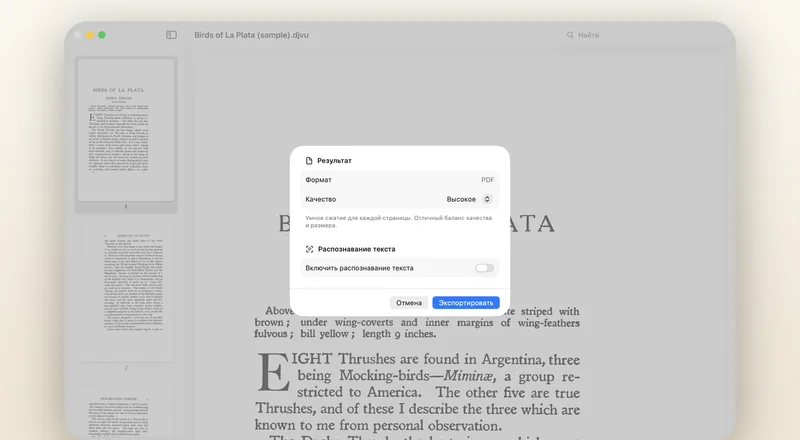 Окно экспорта в PDF: предустановка качества и необязательный текстовый слой для поиска.