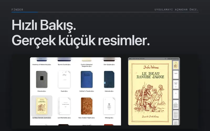 Finder'da DjVu dosyalarının önizlemeleri ve küçük resimleri.