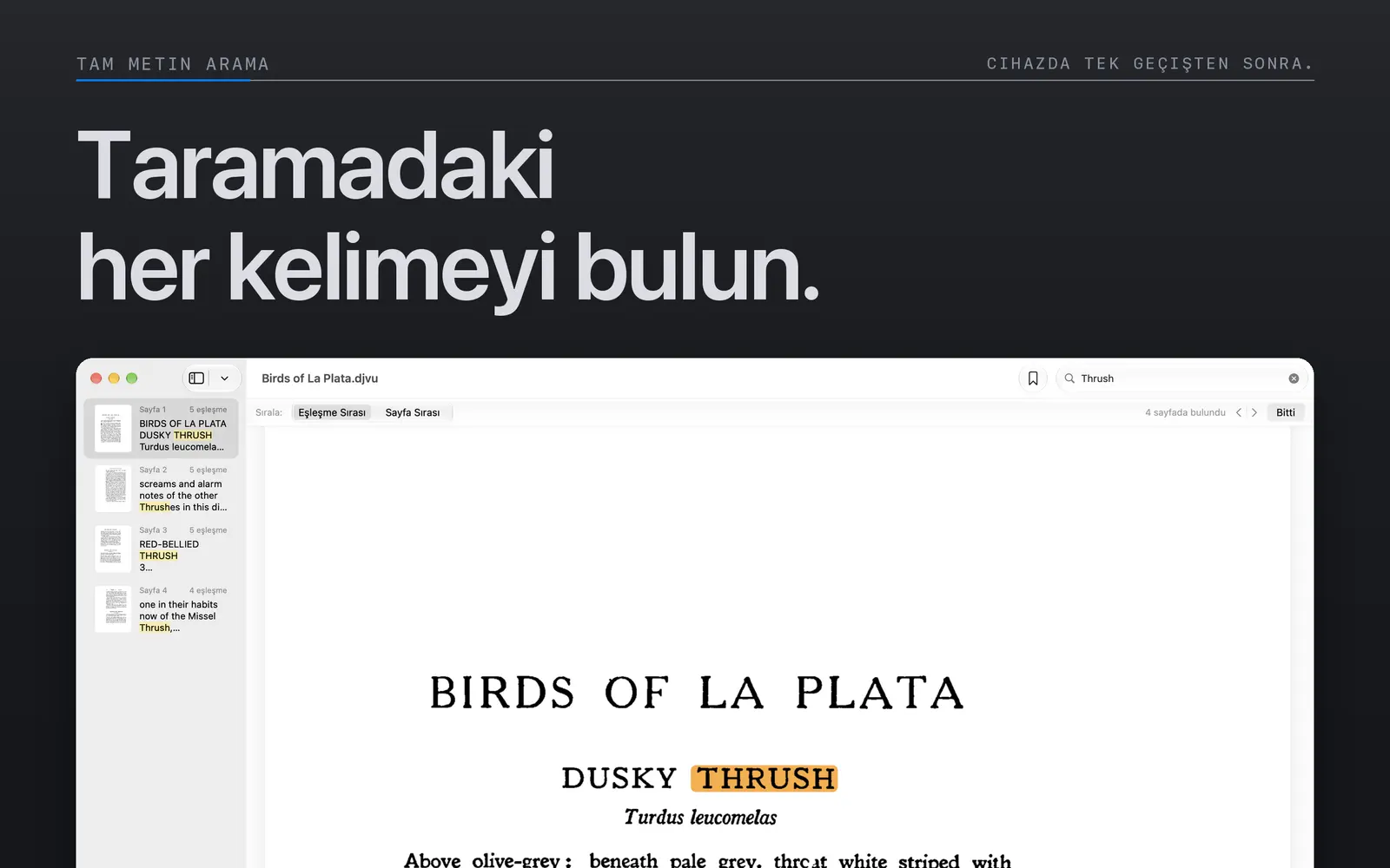 Niraqua DjVu’nun Mac arama görünümünde taranmış bir sayfada vurgulanan eşleşen kelimeler.